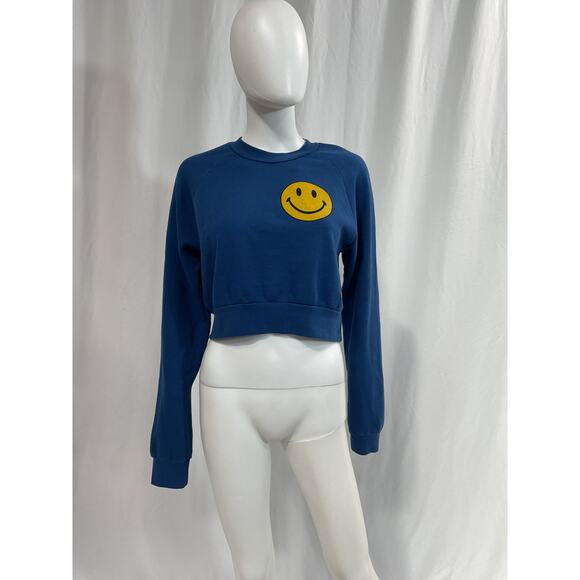 Aviator Nation 'Smiley 2' Blue Cropped Crew Relaxed Sweatshirt Size M - Picture 2 of 5